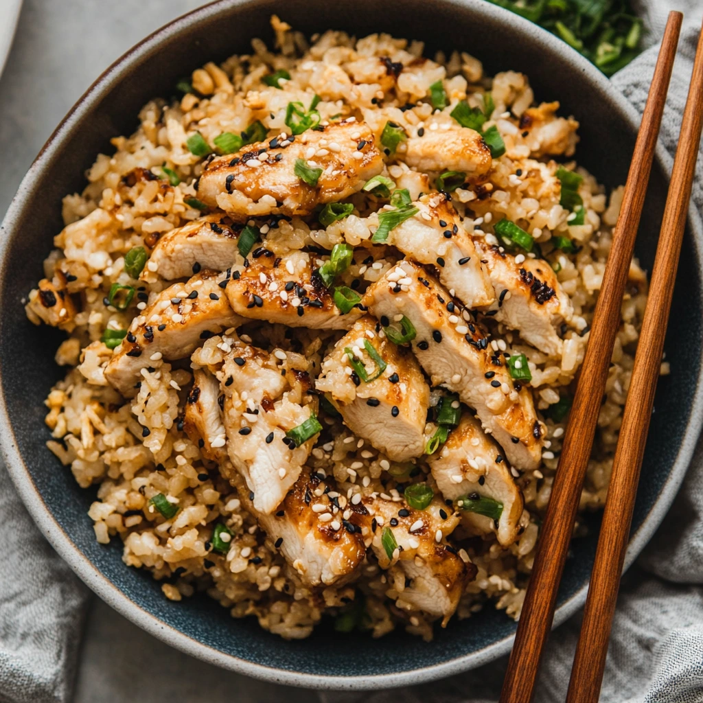 A plate of homemade Benihana chicken fried rice served with grilled vegetables and a soy sauce drizzle.