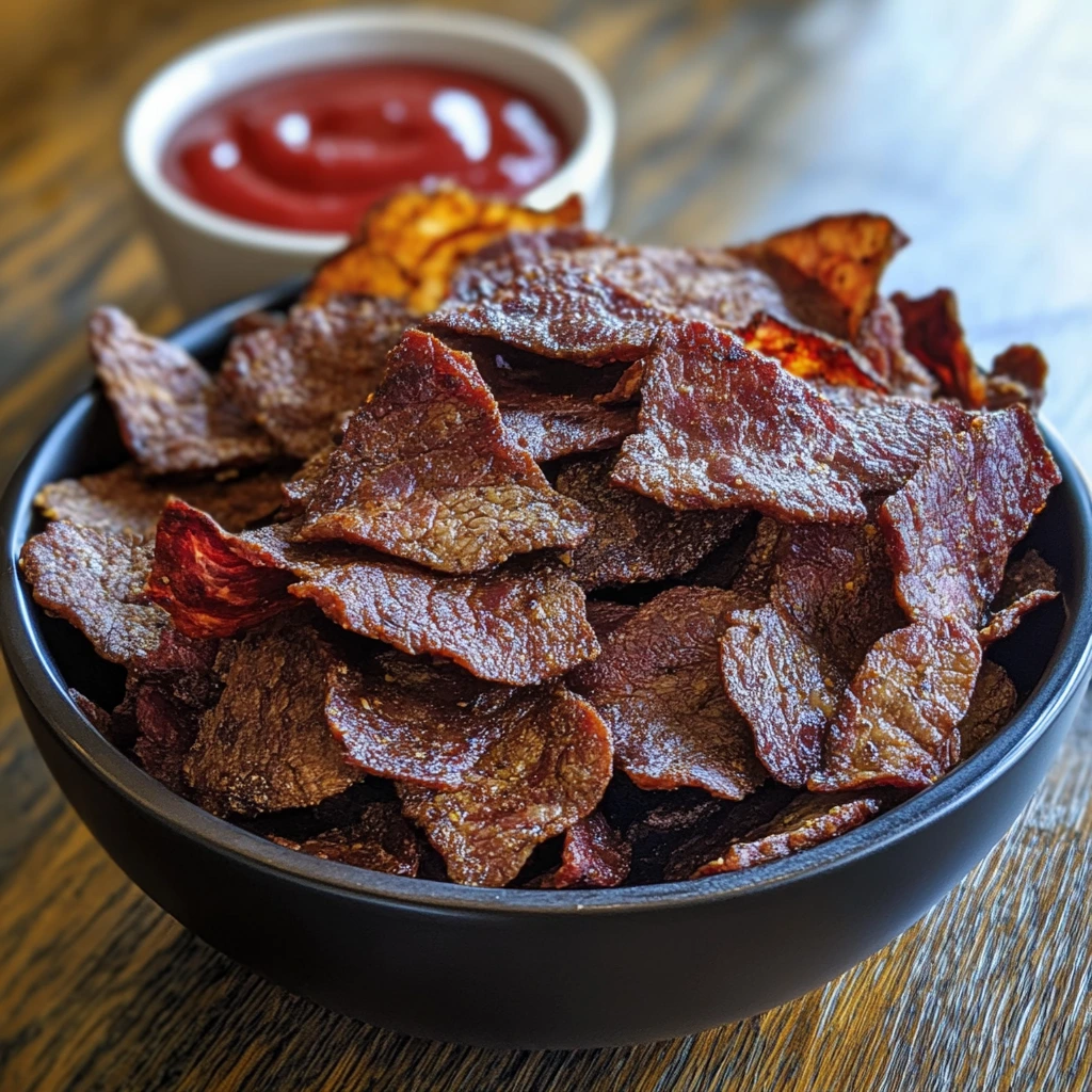 Close-up of crispy beef chips with a golden-brown texture, placed in a bowl with seasonings around them.