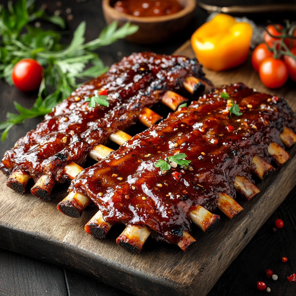 Juicy beef back ribs cooked to perfection with a smoky glaze, served on a plate as part of a BBQ meal.