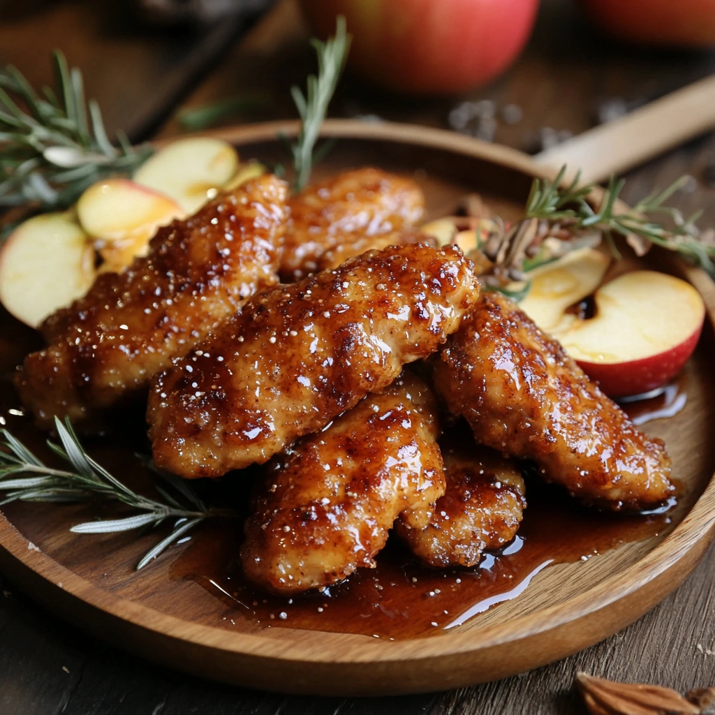 Close-up of apple and honey-glazed chicken tenders with a glossy glaze, served with a drizzle of honey and garnished with fresh herbs, showcasing the sweet and savory appeal