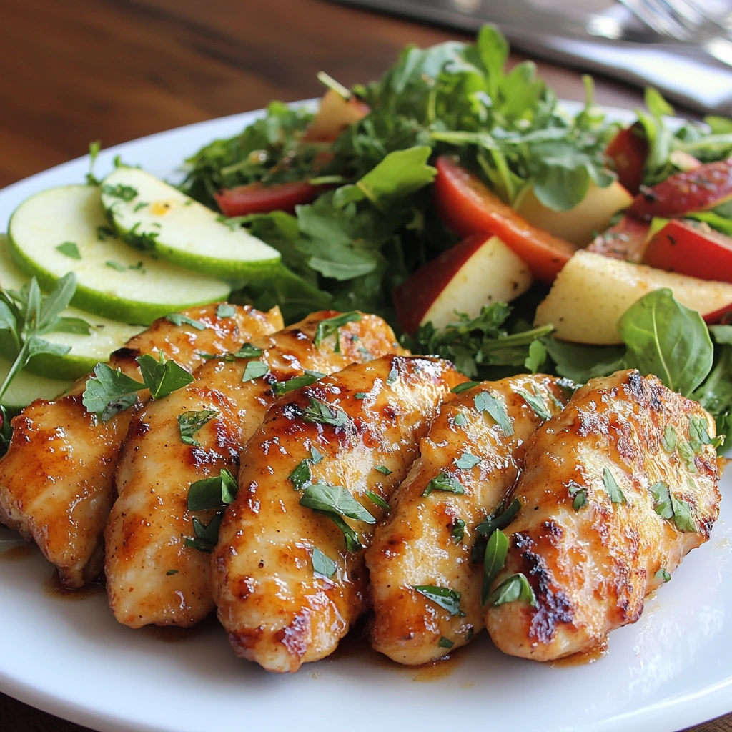 ngredients for apple and honey-glazed chicken tenders, including fresh chicken tenders, apple slices, honey, and seasonings like salt and pepper, arranged on a wooden countertop