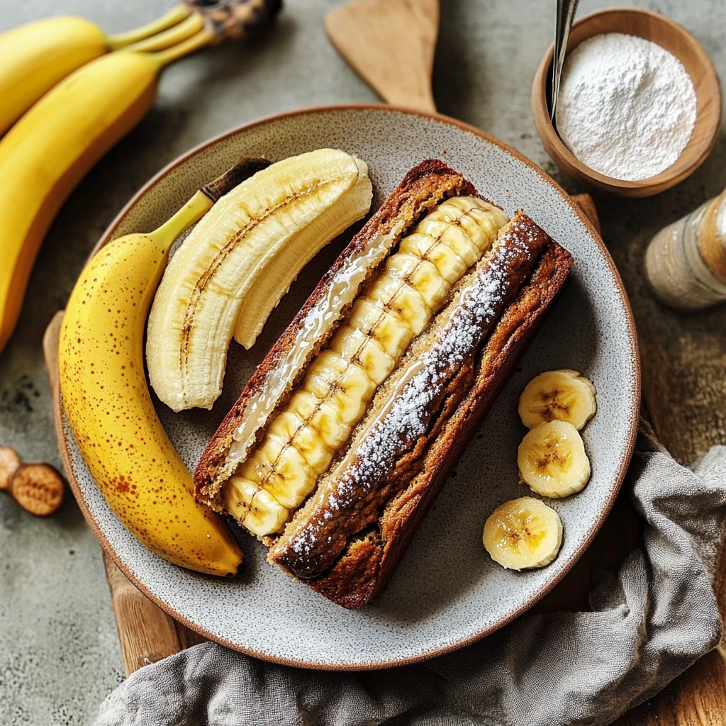 A slice of moist, golden-brown butter-free banana bread topped with ripe banana slices, resting on a wooden cutting board next to a bunch of bananas.