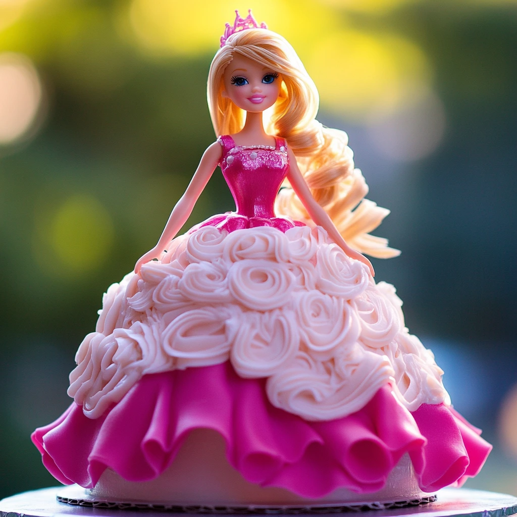 Barbie-themed birthday cake with pink fondant, sparkles, and a Barbie doll topper, designed for a child's birthday party.