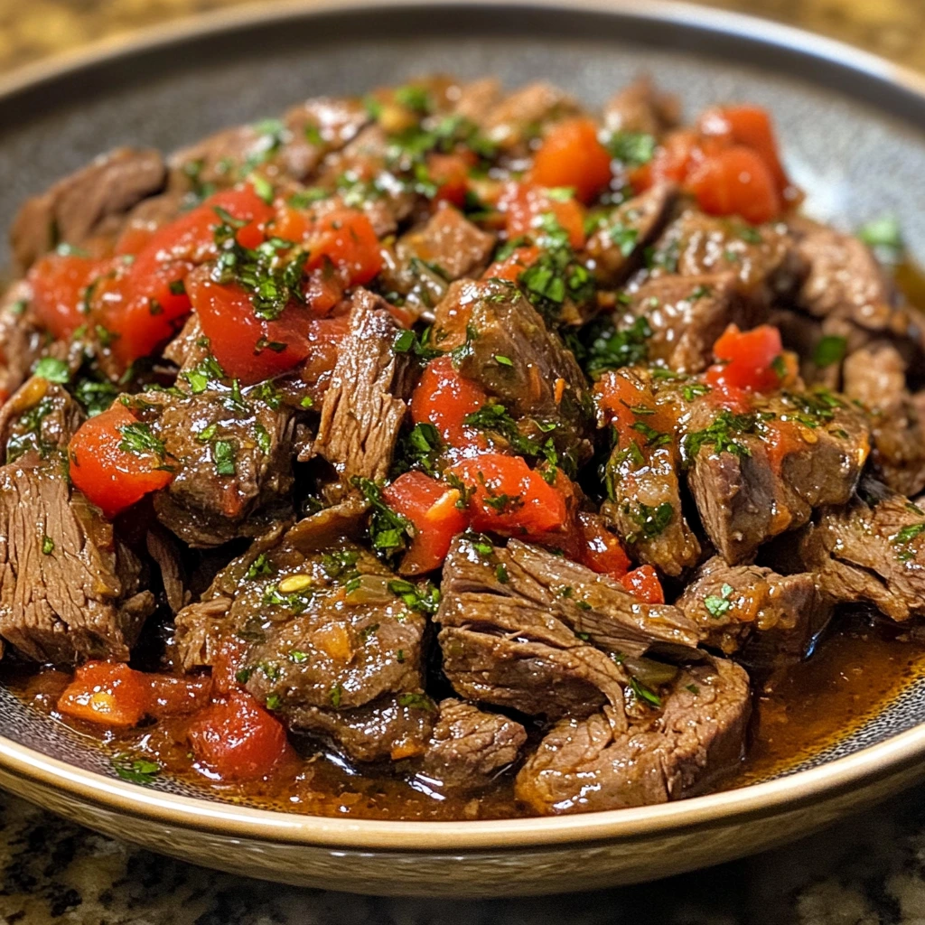 A close-up of an authentic Italian beef sandwich with tender, slow-roasted beef, giardiniera, and sweet peppers served on a fresh, crusty roll