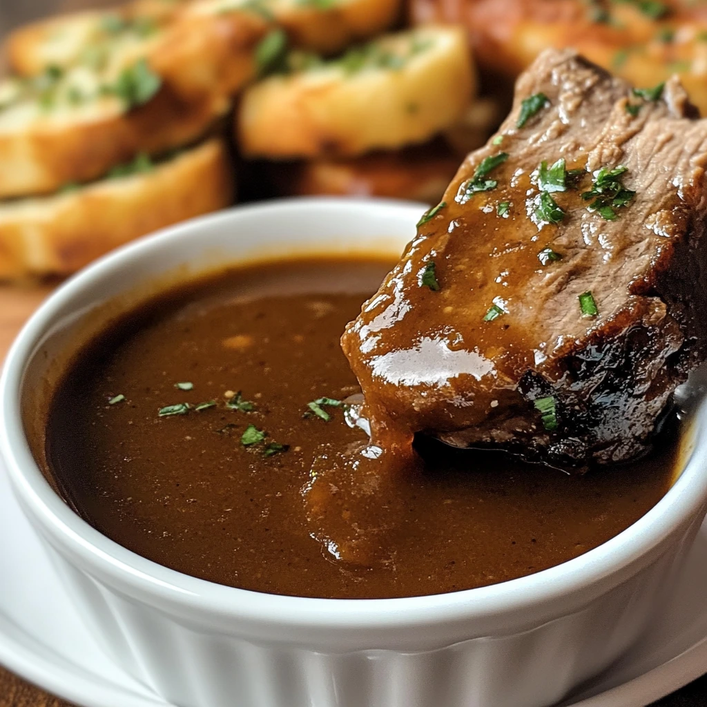  A bowl of rich, savory au jus sauce next to a freshly made Italian beef sandwich, ready for dipping.