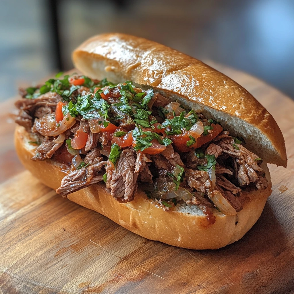 A close-up of an authentic Italian beef sandwich with tender, slow-roasted beef, giardiniera, and sweet peppers served on a fresh, crusty roll.