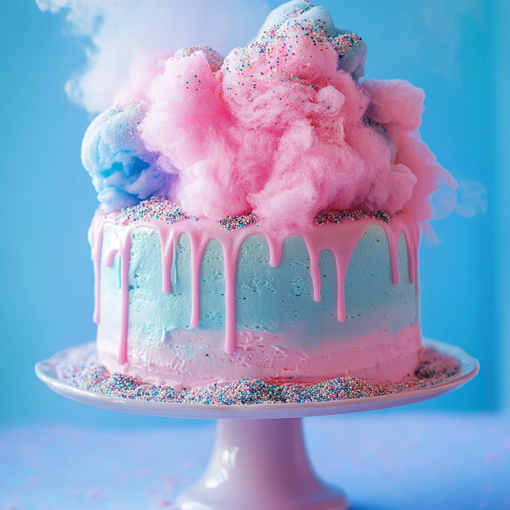 A whimsical cotton candy cake with fluffy pink and blue cotton candy garnish, colorful sprinkles, and a smooth buttercream frosting on a cake stand.