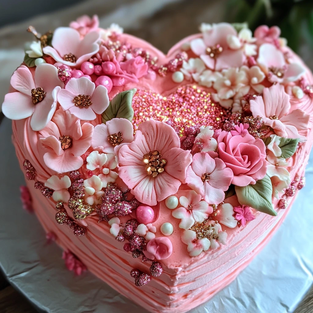 Beautifully decorated heart-shaped cake with pink frosting, floral accents, and a sprinkle of edible glitter, perfect for special occasions like Valentine's Day or anniversaries.