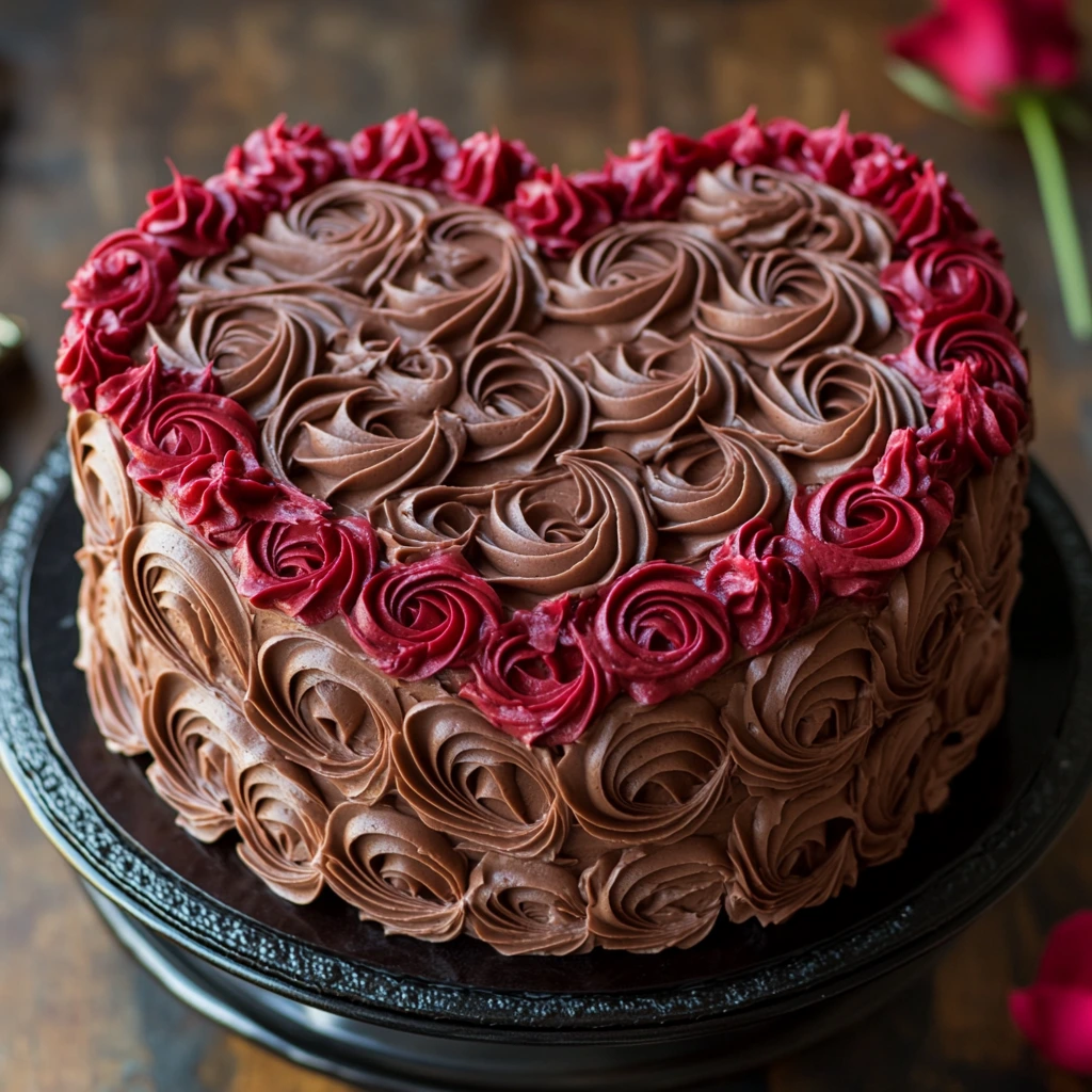 Classic heart-shaped cake with buttercream, roses, and lace details in soft pastel colors.