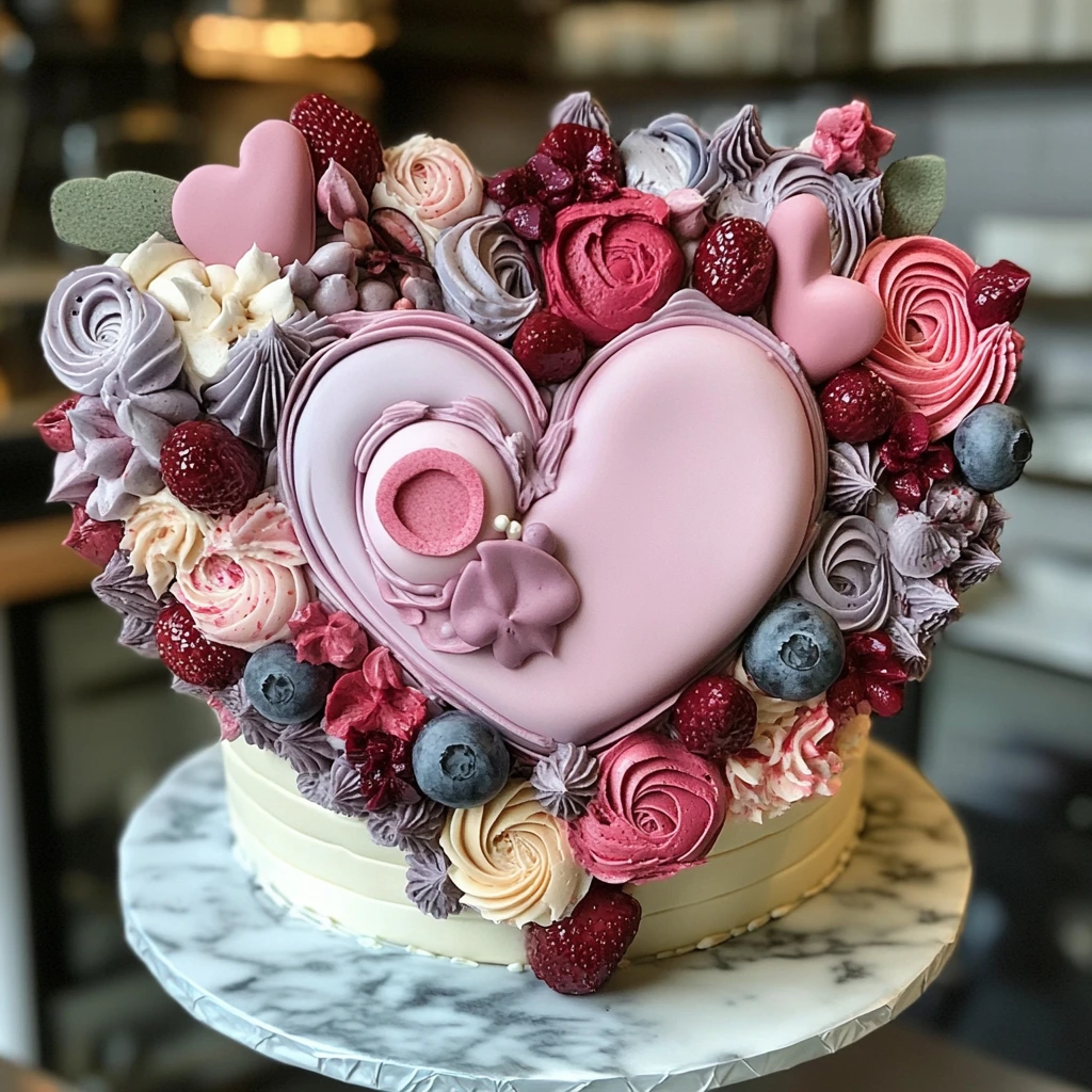 Modern and trendy heart-shaped cake with vibrant colors and sleek design