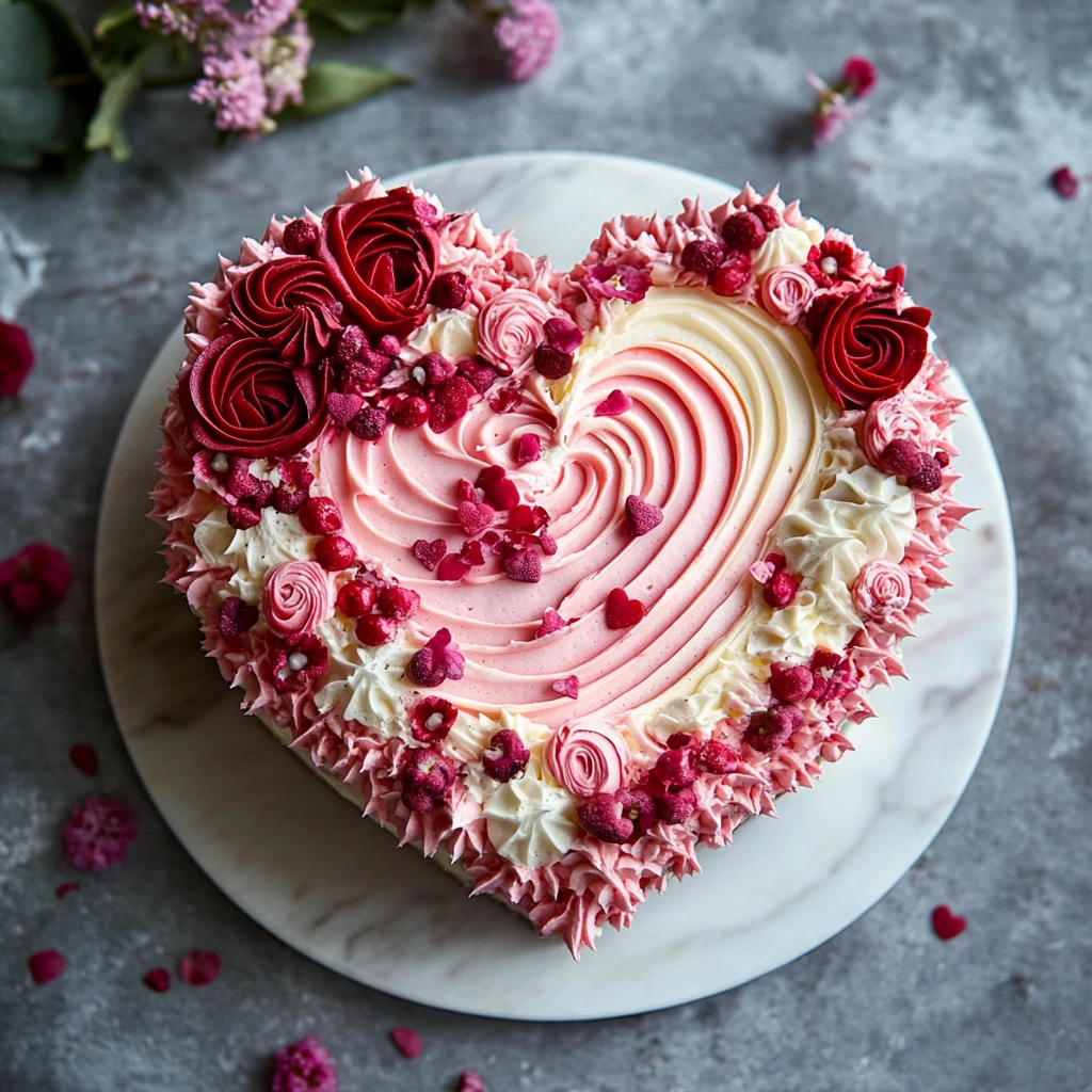 Step-by-step tips and tricks for baking and decorating heart-shaped cakes with frosting and decorations."