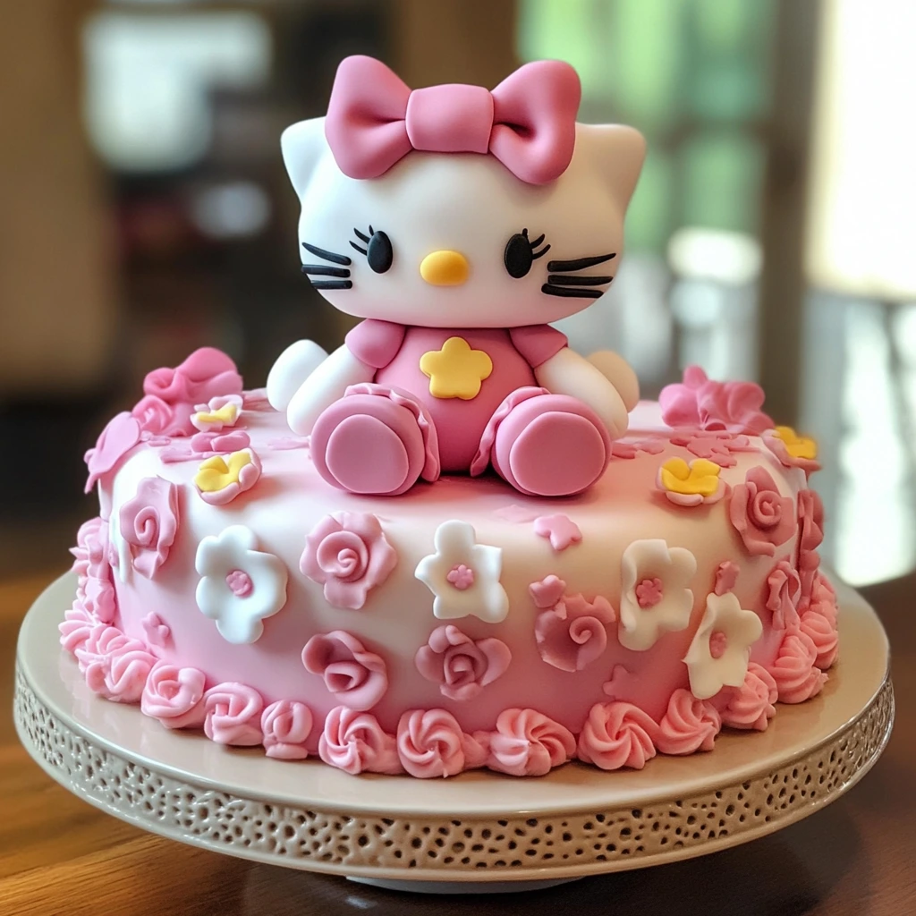 A whimsical Hello Kitty cake with a pink fondant base, featuring the iconic Hello Kitty face with a red bow, perfect for a birthday party or themed event.