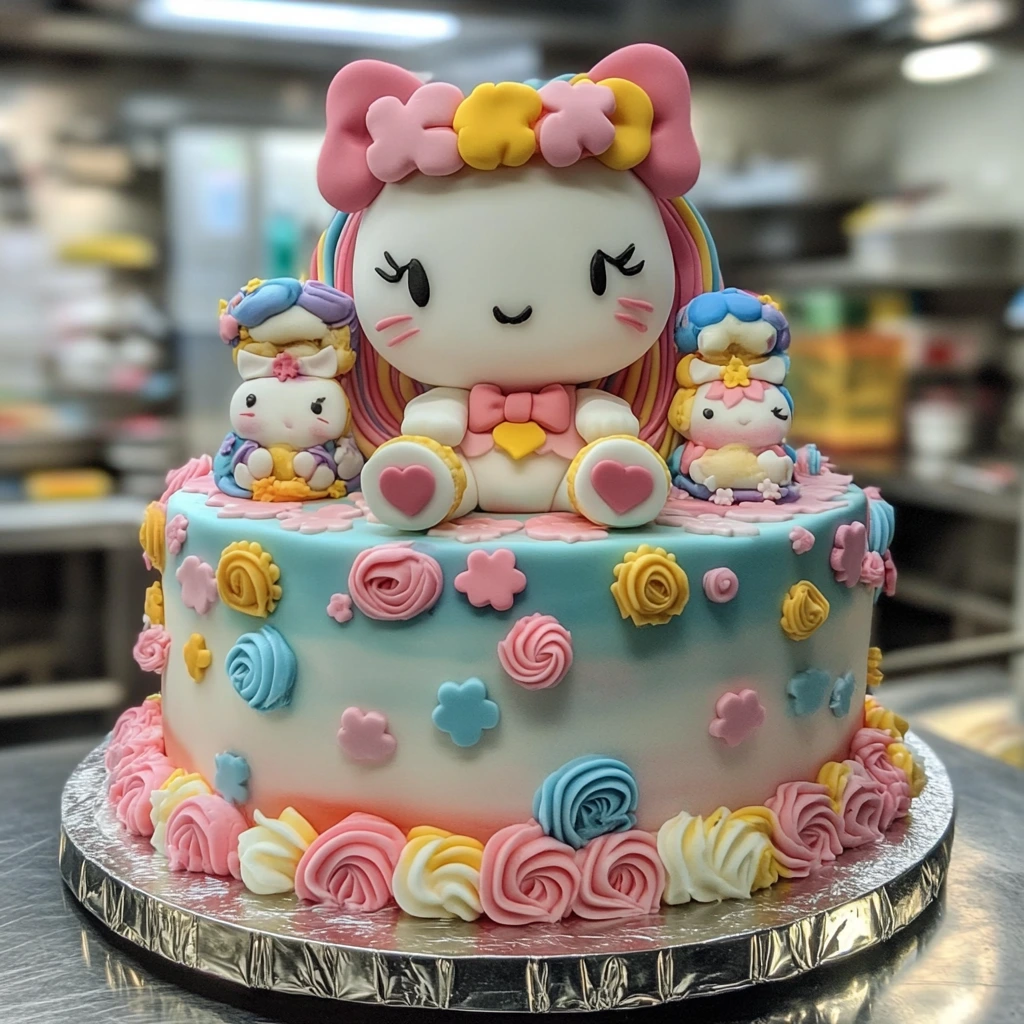 A vibrant and colorful Hello Kitty themed cake, featuring bright decorations and playful elements inspired by the iconic character.