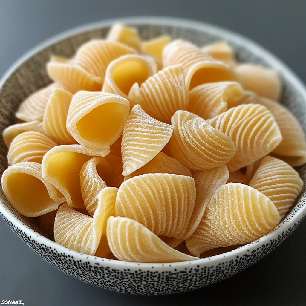 A close-up view of lumache pasta arranged on a white plate with a creamy sauce, garnished with fresh herbs.