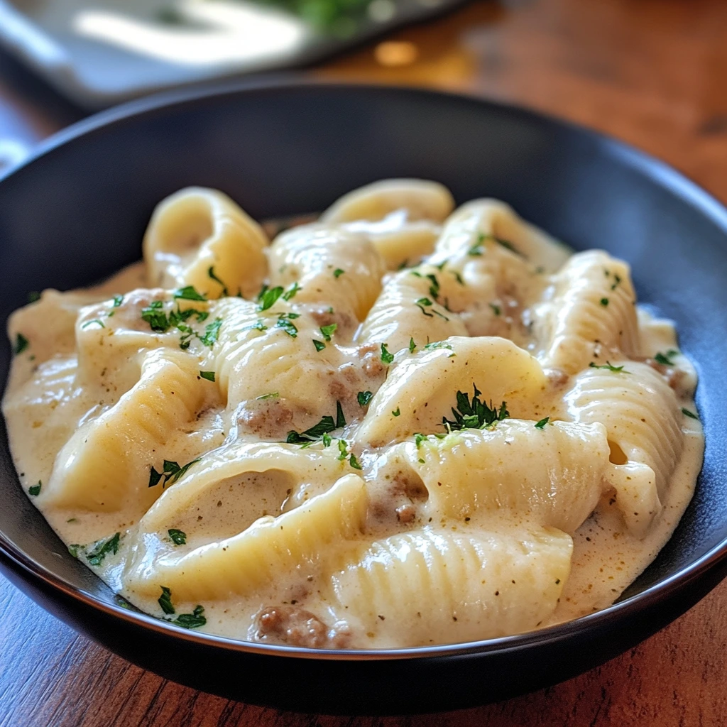 Plate of lumache pasta served with a hearty tomato sauce and sprinkled with Parmesan cheese.