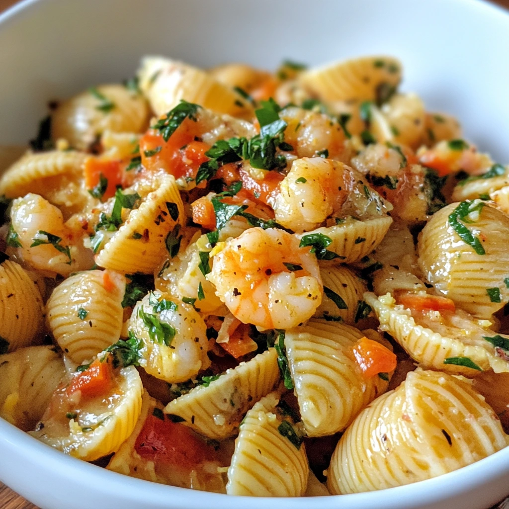 A close-up of lumache pasta tossed in a creamy pesto sauce with fresh basil leaves.