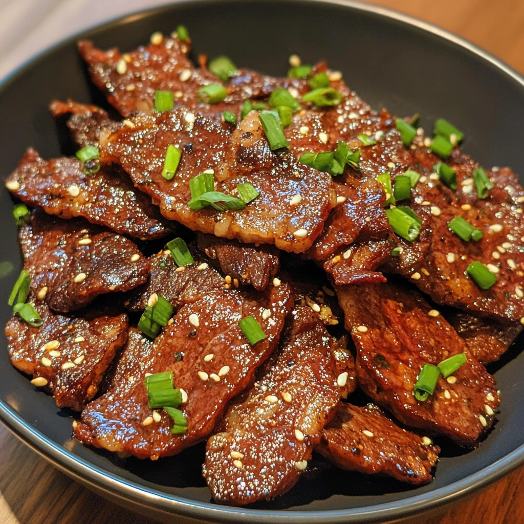 Close-up of crispy beef chips served on a wooden plate with a side of dipping sauce