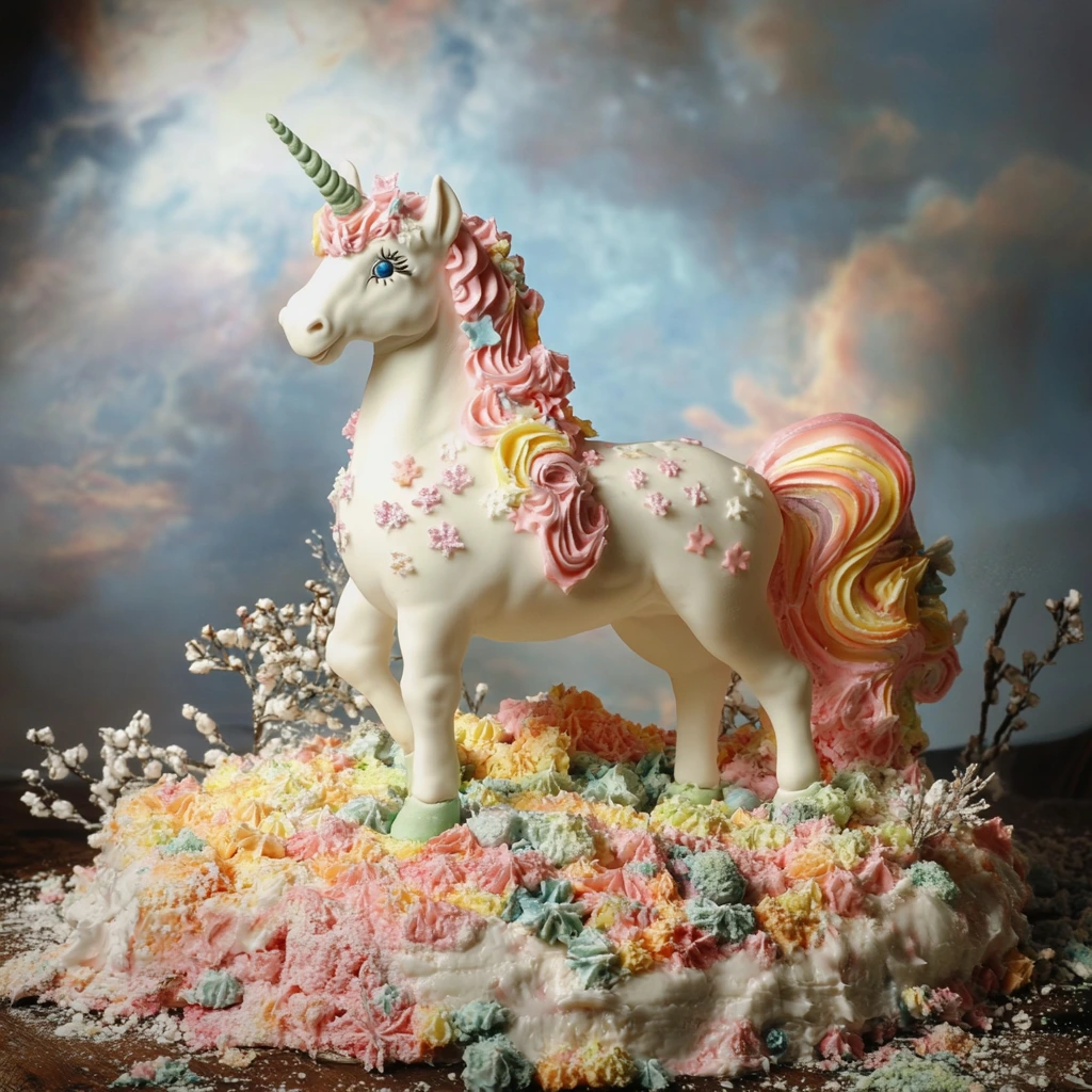 A beautifully decorated unicorn cake with a golden horn, pastel buttercream mane, and edible glitter accents, perfect for birthdays or whimsical celebrations.