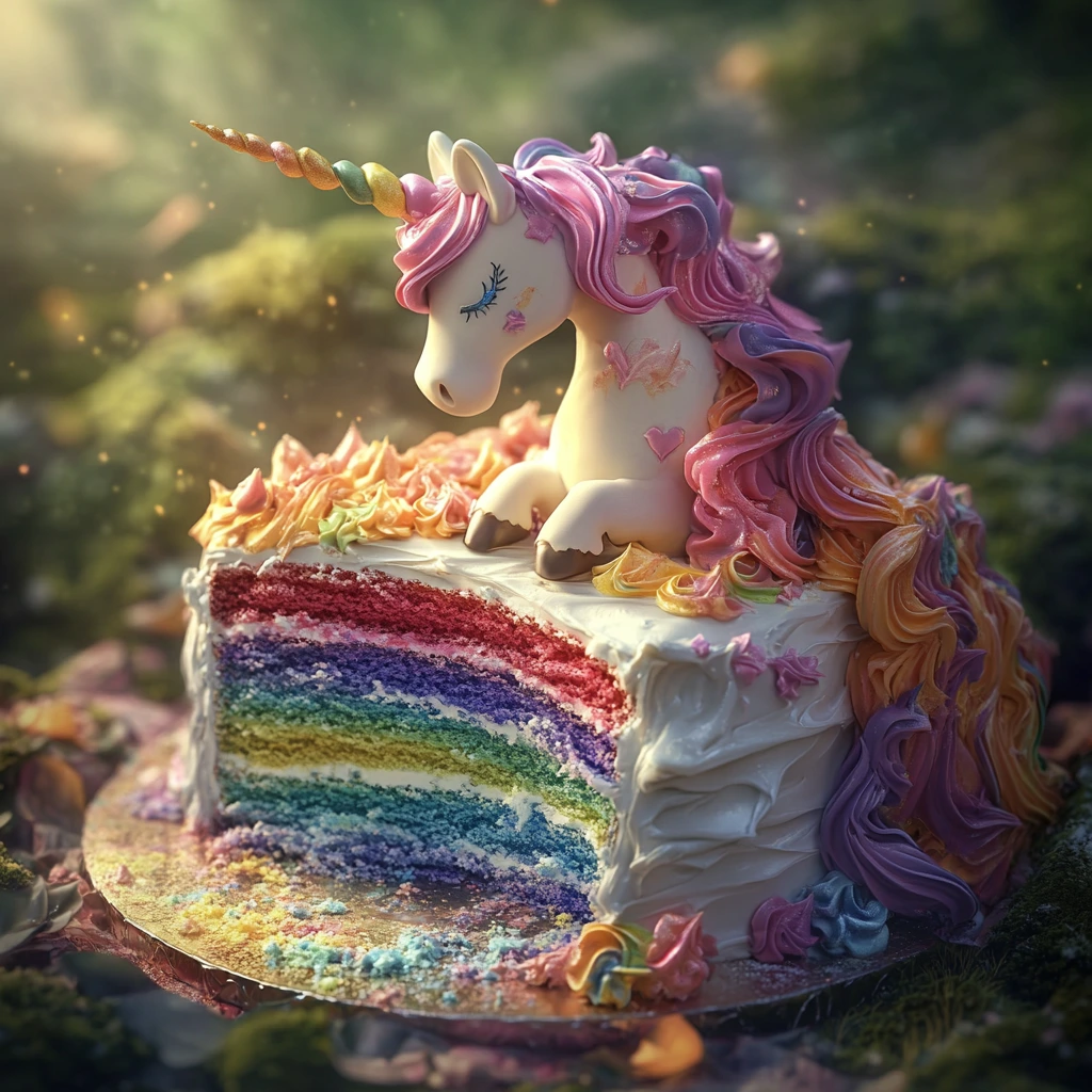 A stunning unicorn cake with pastel-colored frosting, a golden unicorn horn, and edible glitter decorations