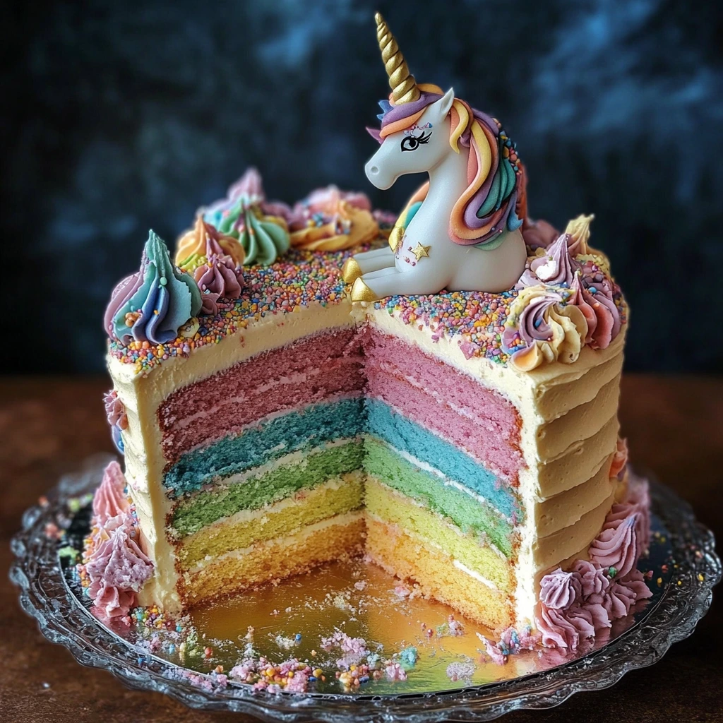 Colorful unicorn cake with a golden horn, pastel buttercream frosting, and sparkling decorations.