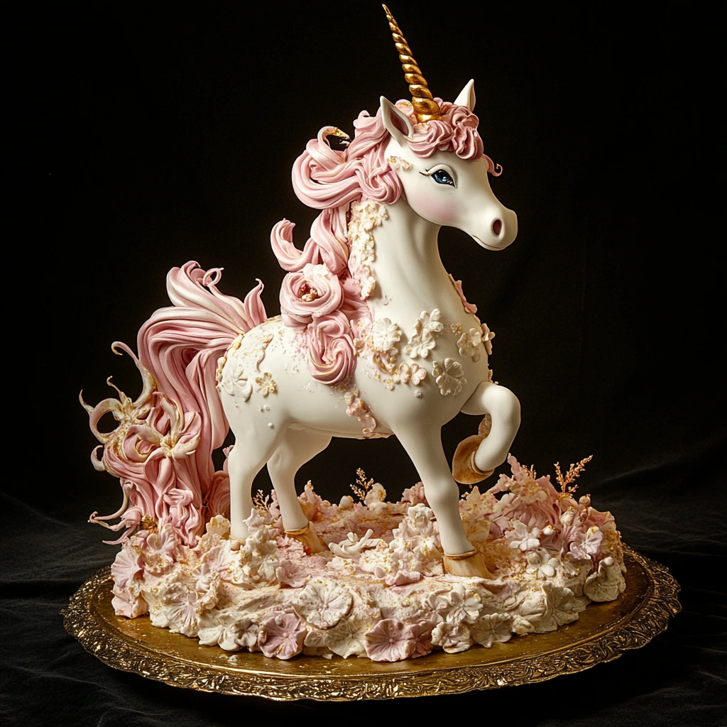 unicorn cake with colorful layers, a golden horn