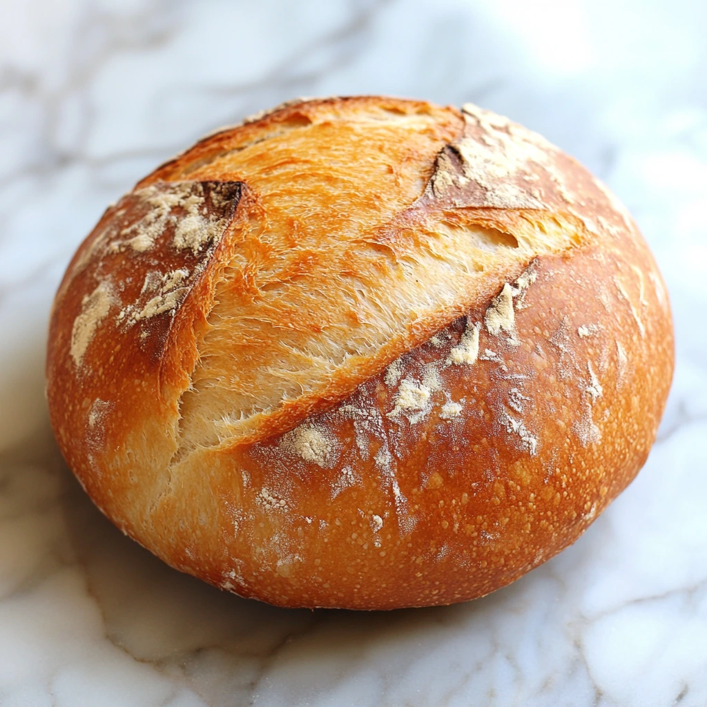 Freshly baked 8 inch bread loaf on a wooden cutting board.
