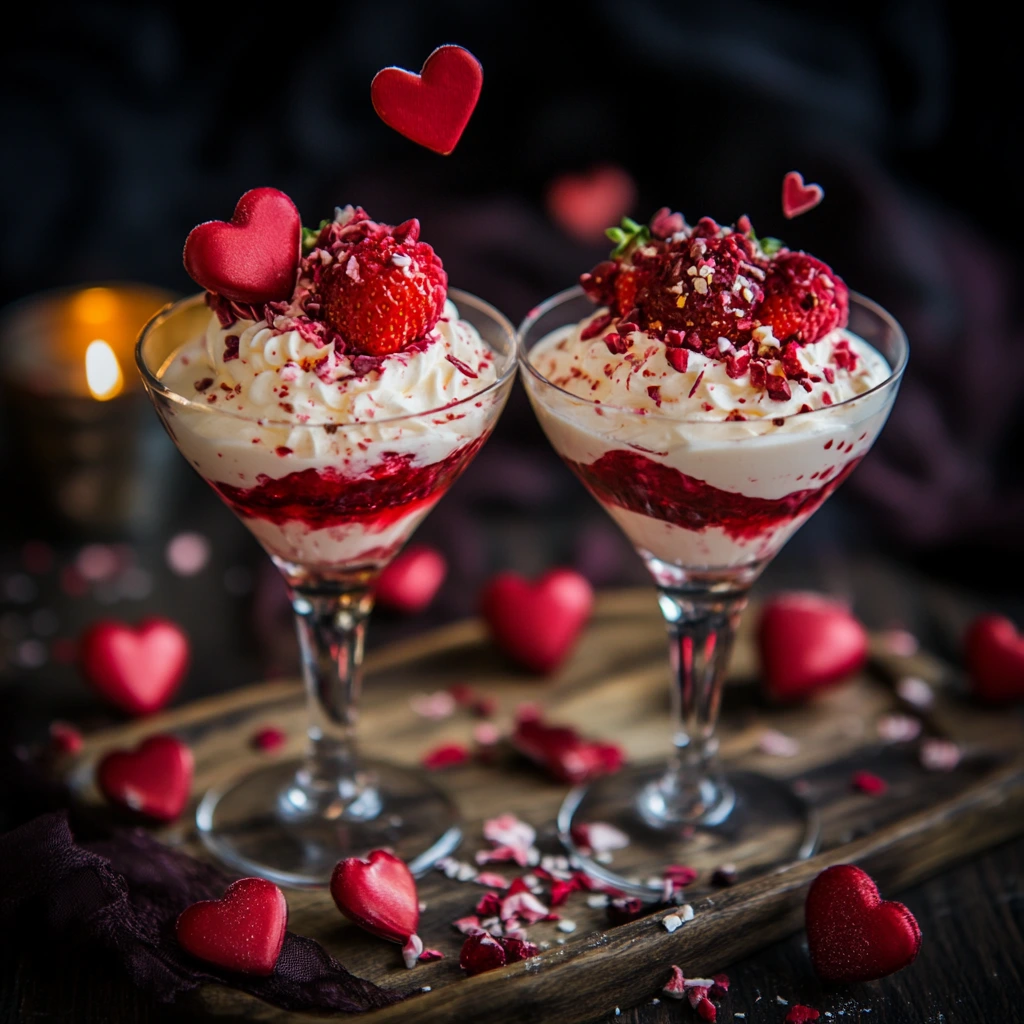 Romantic Valentine’s Day dinner with heart-shaped dishes and candles.