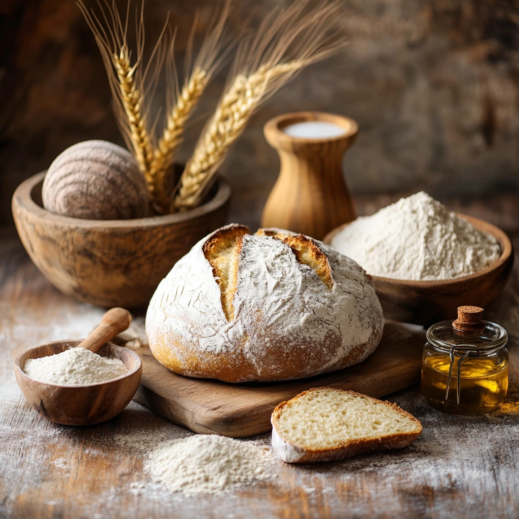 Freshly baked loaf of yeast bread on a wooden surface with flour and ingredients.