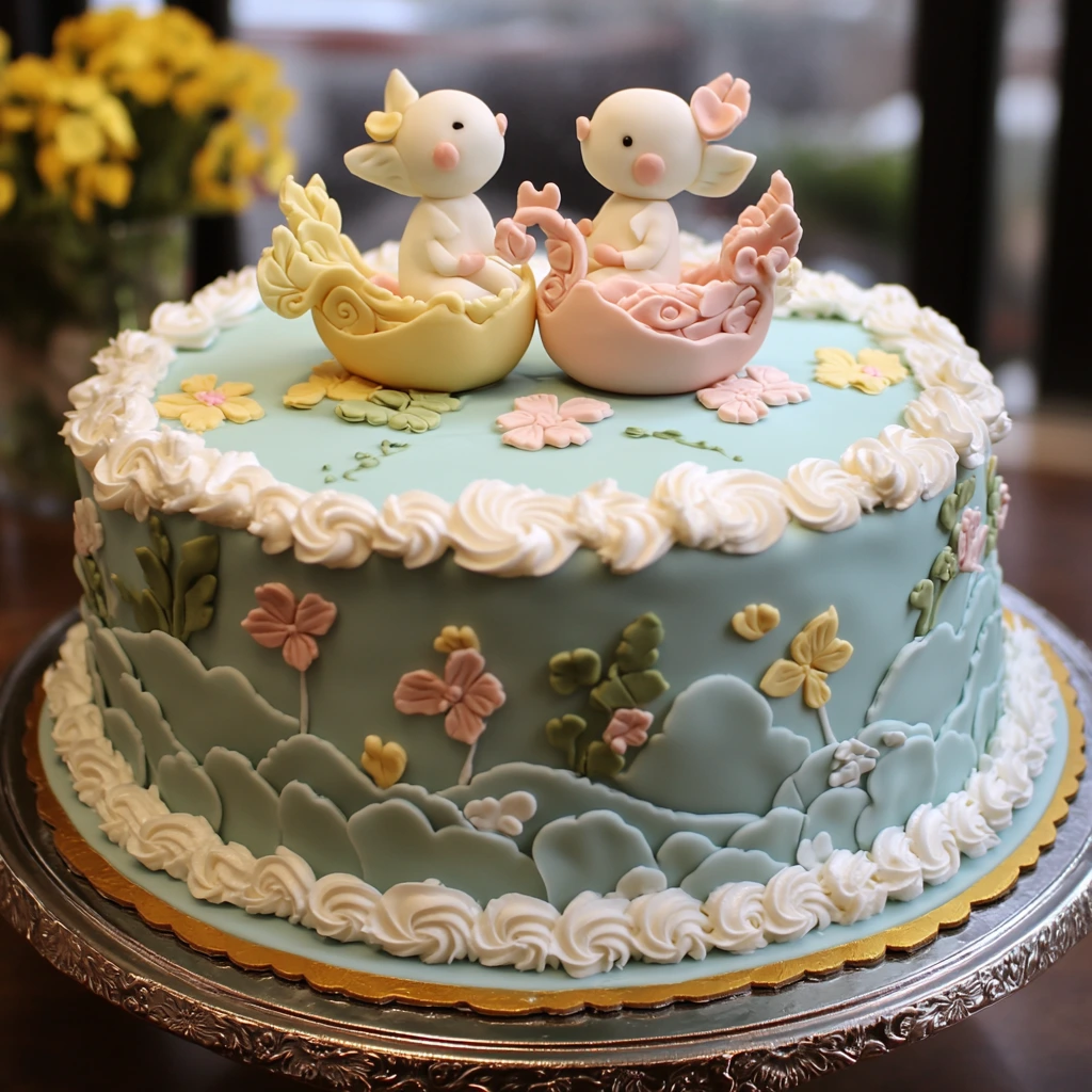 Beautifully decorated baby shower cake with pastel colors and cute baby-themed accents.