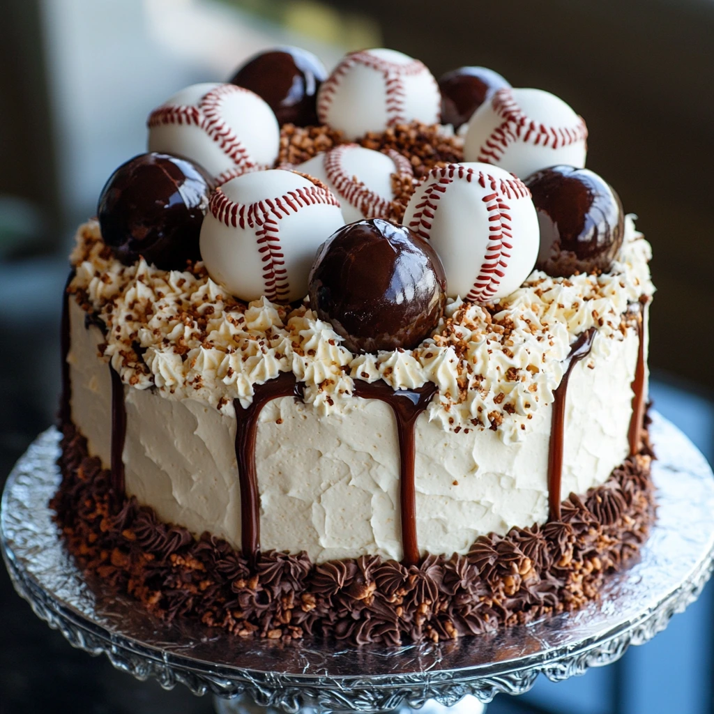 Baseball-themed cake decorated with white frosting and red stitching, perfect for game day celebrations.