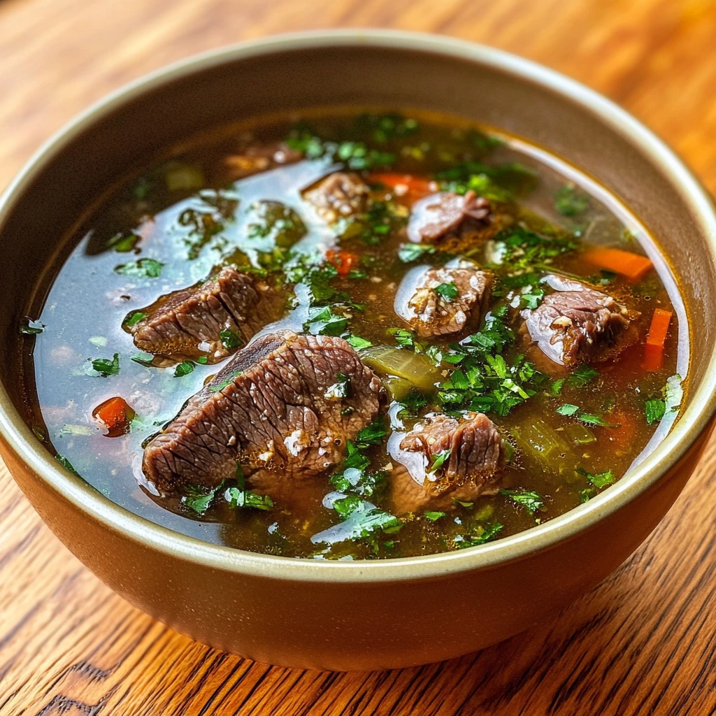 Homemade beef bouillon simmering in a pot with fresh herbs and vegetables.