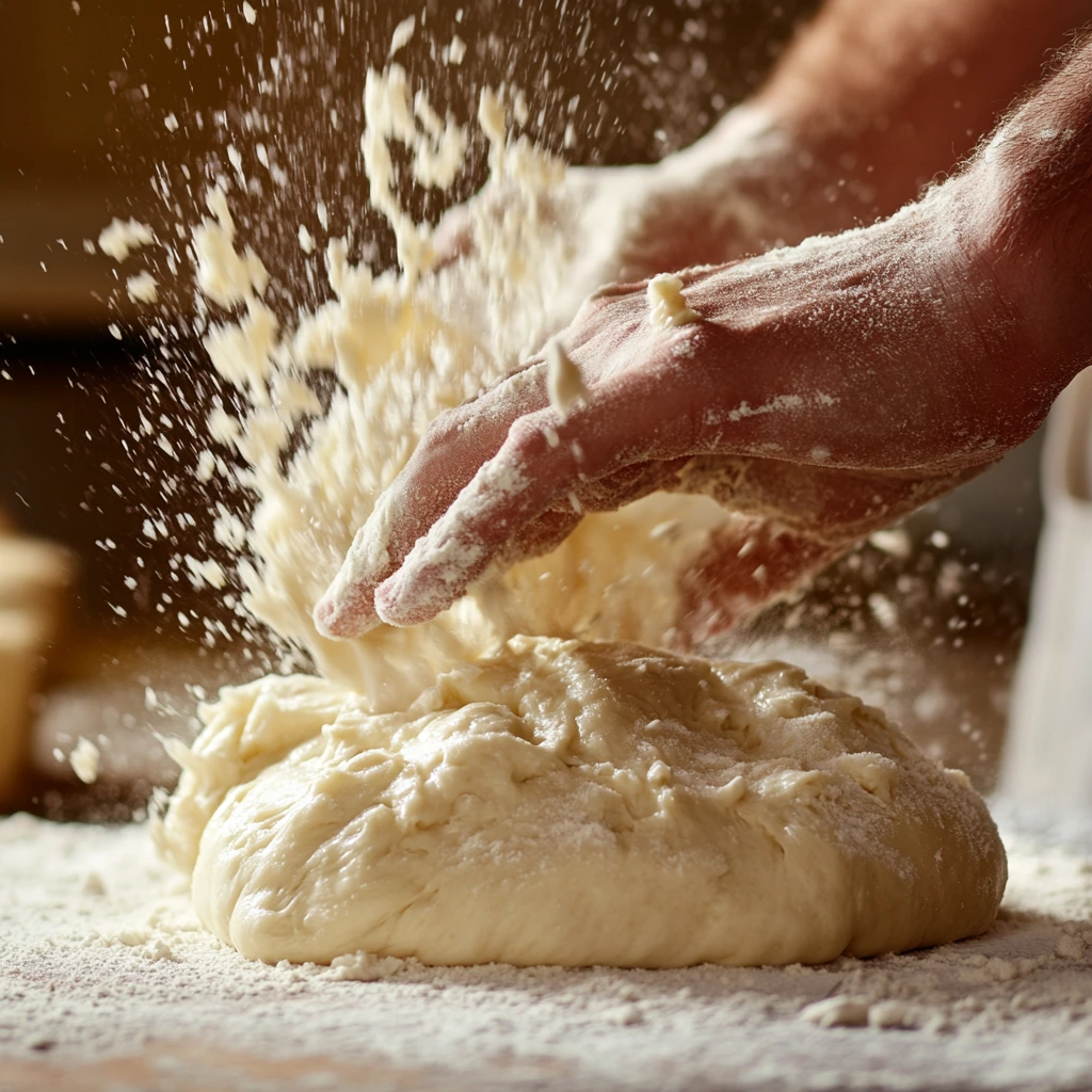 Bread dough being kneaded on a floured surface
