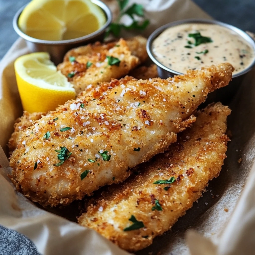 Crispy fried catfish fillets with golden-brown crust served on a plate with lemon wedges and a side of tartar sauce.