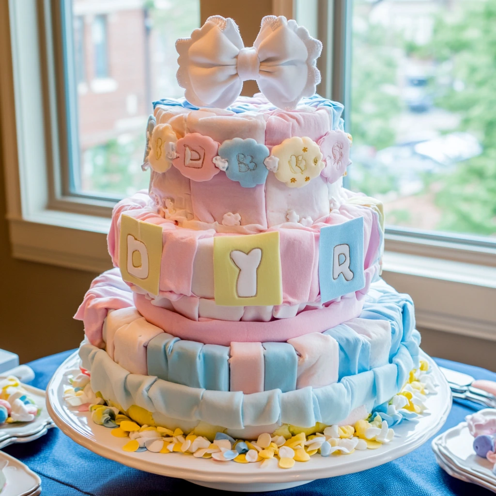 Beautifully decorated diaper cake with pastel ribbons, baby essentials, and decorative items for a baby shower gift.