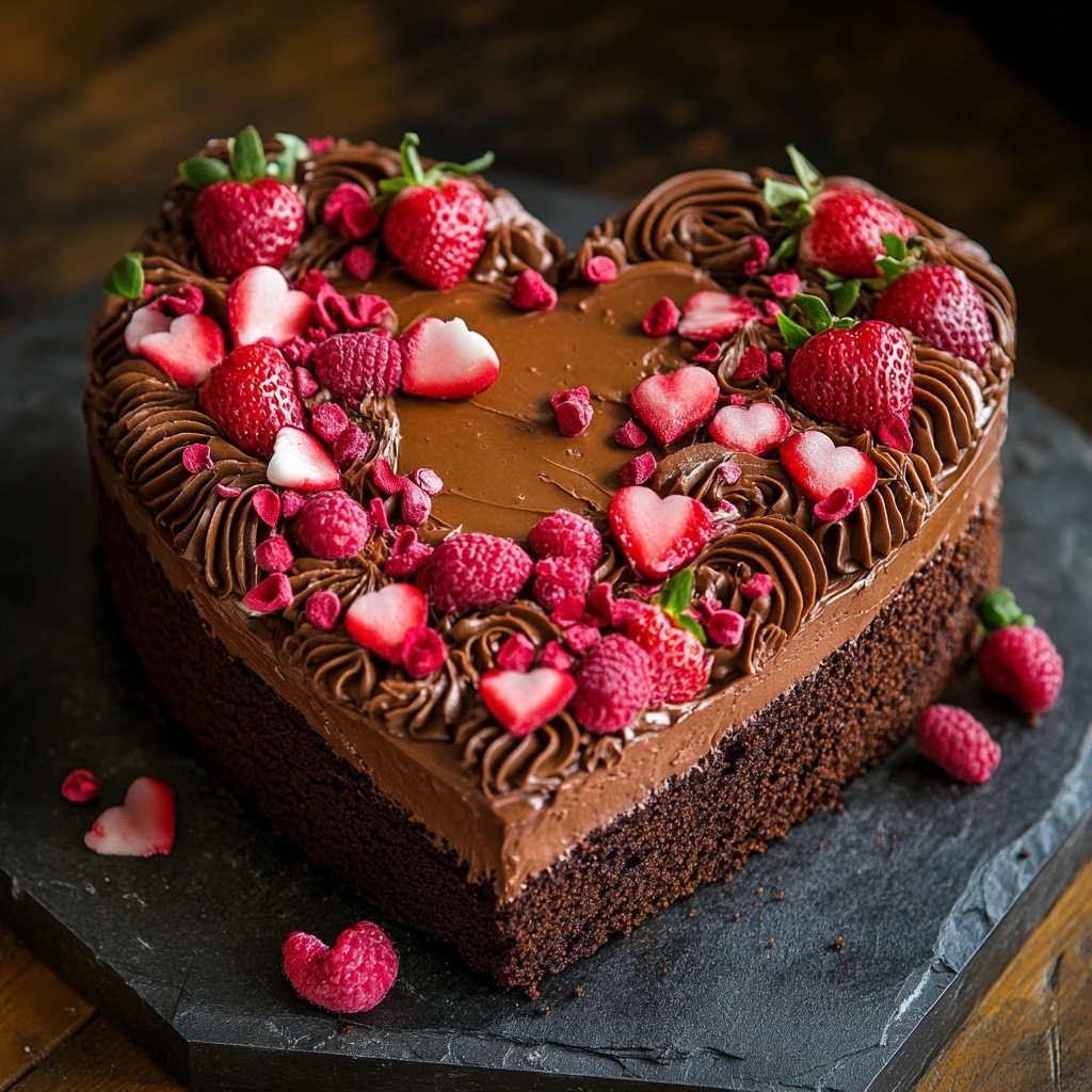 Heart shaped cake decorated with frosting and edible flowers.
