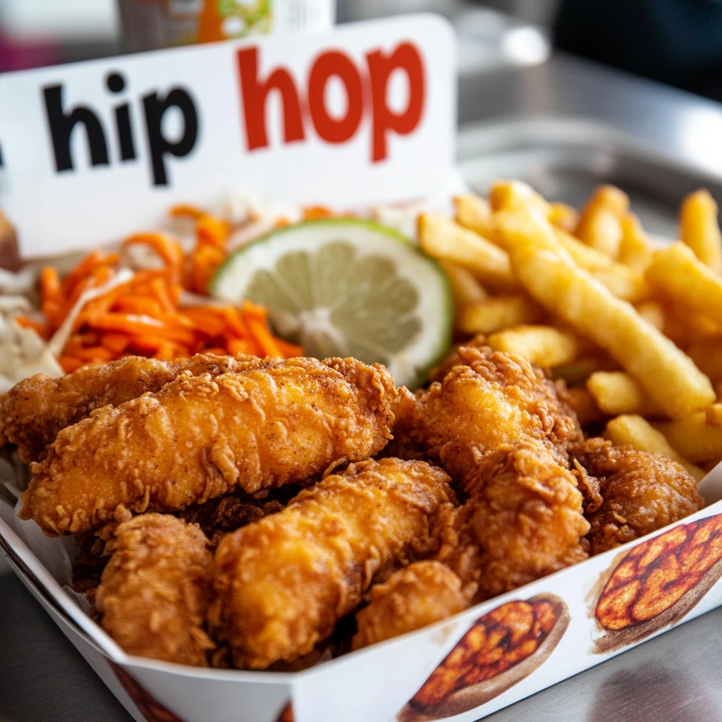Delicious Hip Hop Fish and Chicken recipe with crispy golden coating and flavorful seasoning, served with sides and dipping sauce.