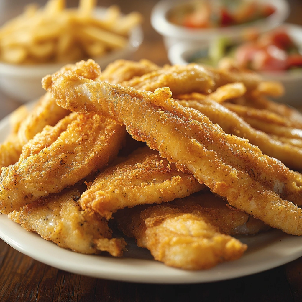 Golden fried fish with crispy cornmeal batter, served with Cajun fries, coleslaw, and dipping sauces for a Louisiana fish fry feast.