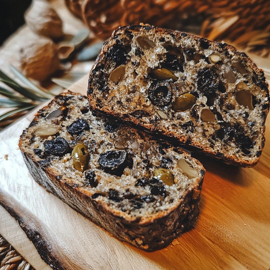 A freshly baked loaf of olive black bread with a golden-brown crust, showcasing the rich, savory olives embedded in the dough.