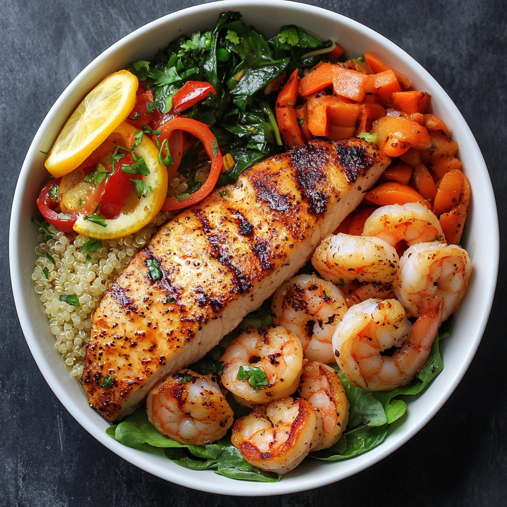 A delicious seafood and chicken combo featuring tender shrimp, crispy chicken, and vibrant vegetables, all served in a flavorful sauce.