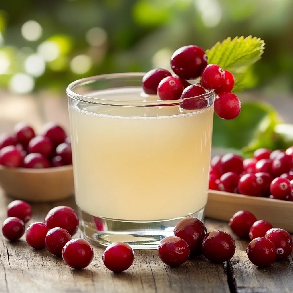 A glass of fresh white cranberry juice served with cranberries and a slice of lemon.