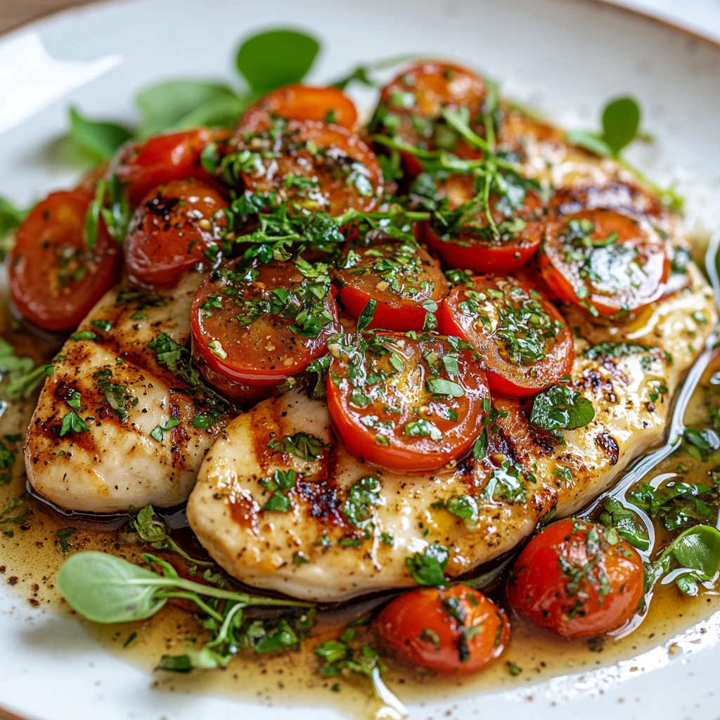 Pan-seared chicken paillard served with arugula salad and lemon wedges on a white plate.