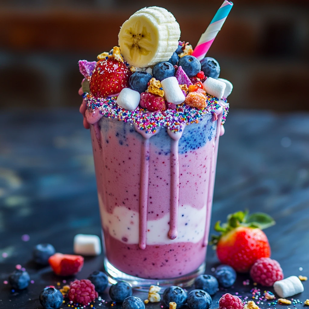 Colorful cotton candy smoothie bowl with swirled pink and blue smoothie base topped with fresh berries, shredded coconut, and pastel sprinkles in a white bowl.