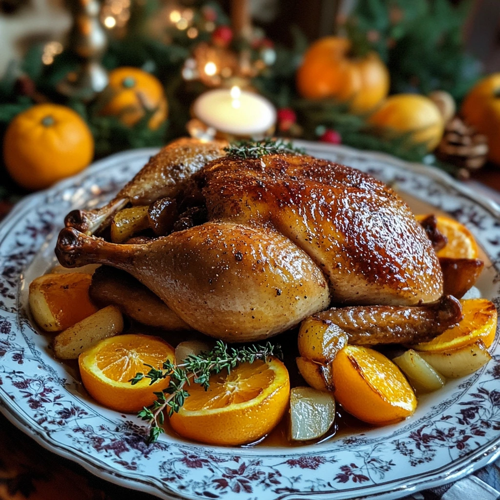 Roast duck with oranges glazed in citrus sauce, garnished with orange slices and herbs