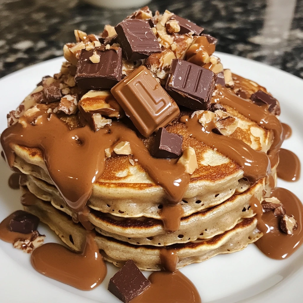 Stack of fluffy Reese’s Peanut Butter Pancakes topped with chopped peanut butter cups, chocolate drizzle, and whipped cream.