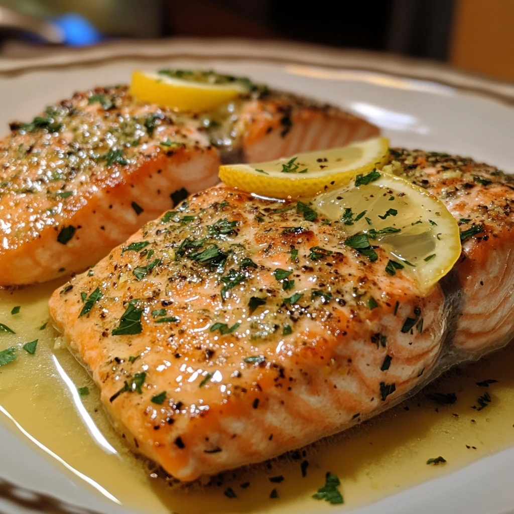 Close-up of herb-crusted salmon fillet drizzled with creamy lemon butter sauce, garnished with fresh herbs and lemon slices on a white plate.