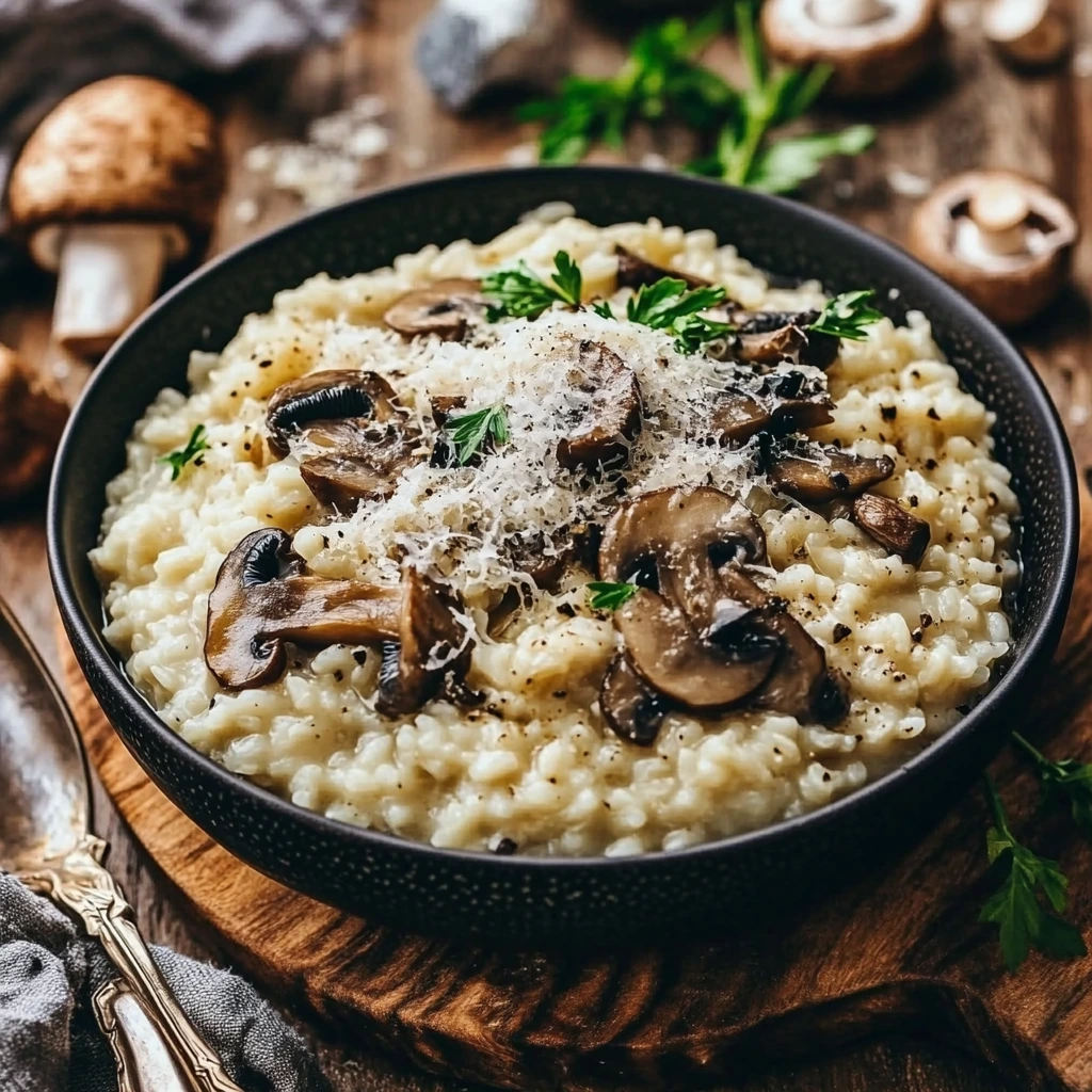 Creamy truffle mushroom risotto garnished with fresh herbs and shaved truffles in a white bowl