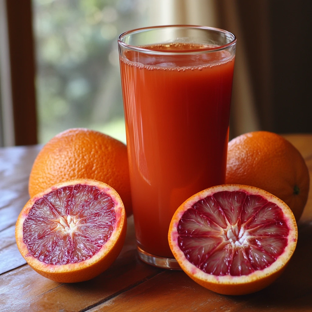Freshly squeezed blood orange juice in a glass with sliced blood oranges on a wooden table