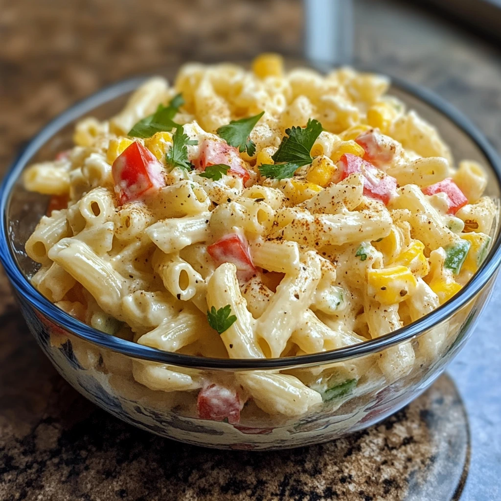 Bowl of elote pasta salad with grilled corn, cotija cheese, and fresh cilantro