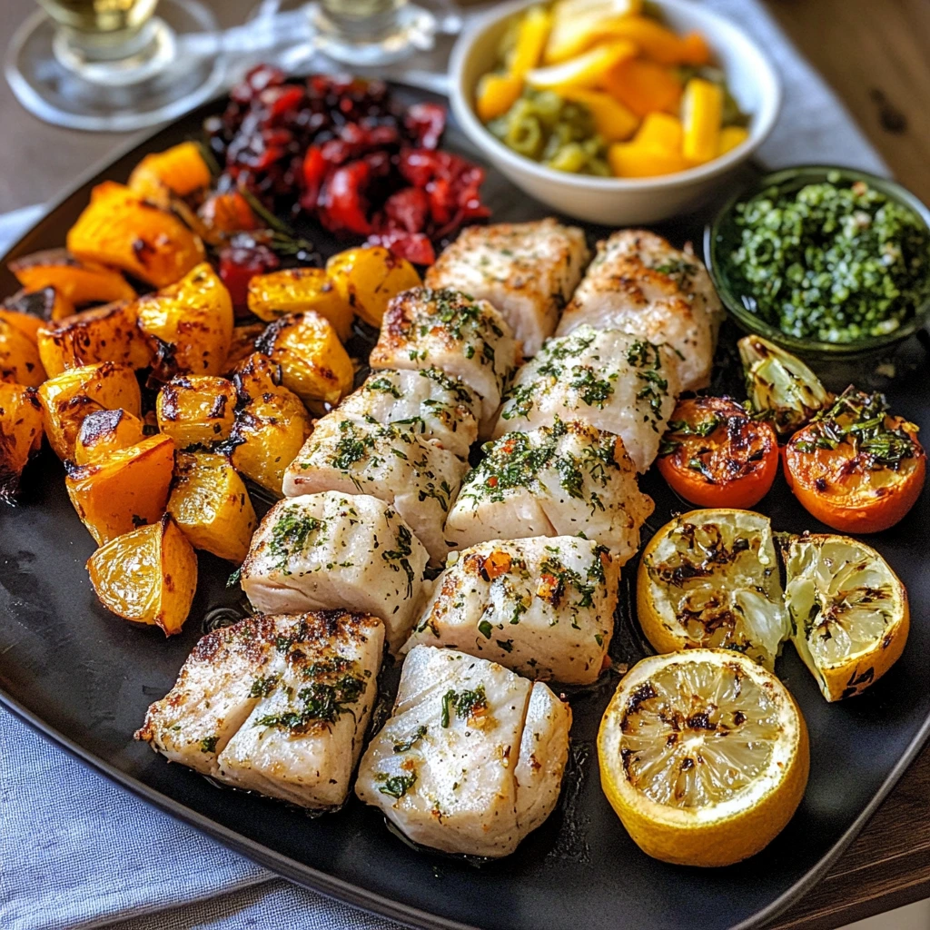Fresh whole fluke fish on a bed of crushed ice with lemon slices and herbs.