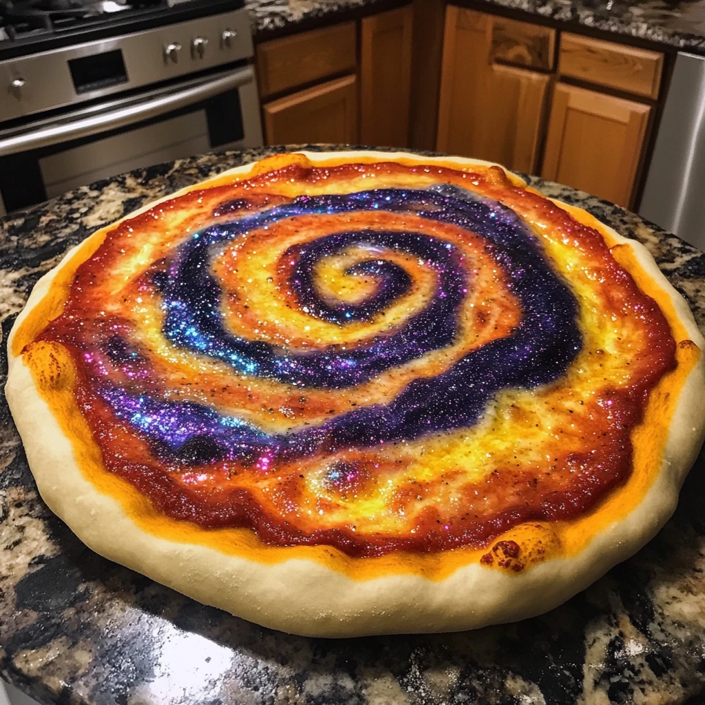 Close-up of a vibrant galaxy pizza with swirling purple, blue, and pink cheese, topped with shimmering edible glitter.